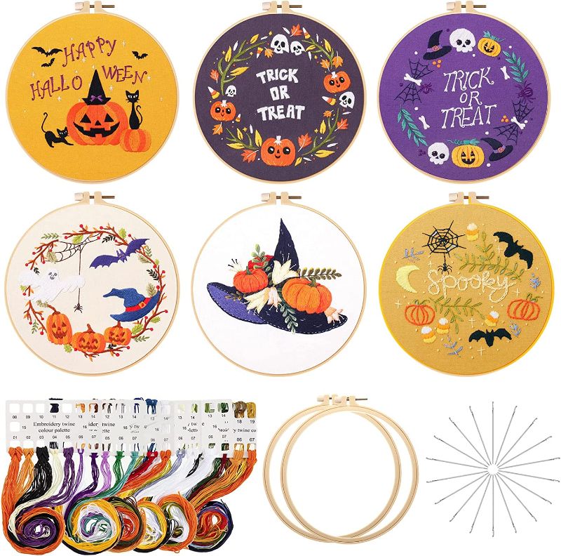 Photo 1 of 6 Sets Christmas Embroidery Kit with Pattern and Instructions Embroidery Starter Kit Embroidery Pattern Hoop Colored Threads Needlepoint Kit for Beginners Adults Embroidery Supplies (Pumpkin)
