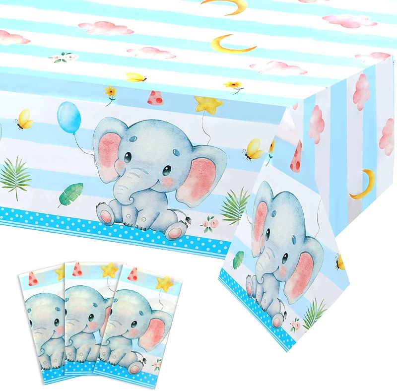 Photo 2 of 3 Pieces Elephant Baby Shower Tablecloths Large Size 108×54 Inch Elephant Table Cover Rectangle Plastic Table Decors Party Decorations Supplies…
