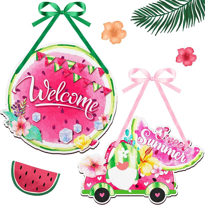 Photo 1 of 2 Pieces Watermelon Hanging Sign Watermelon Door Hanger Wood Welcome Door Sign Summer Watermelon Hanging Door Sign Plaque for Summer Front Door Wreath Home Wall Decor with Hanging Rope (Sweet)
