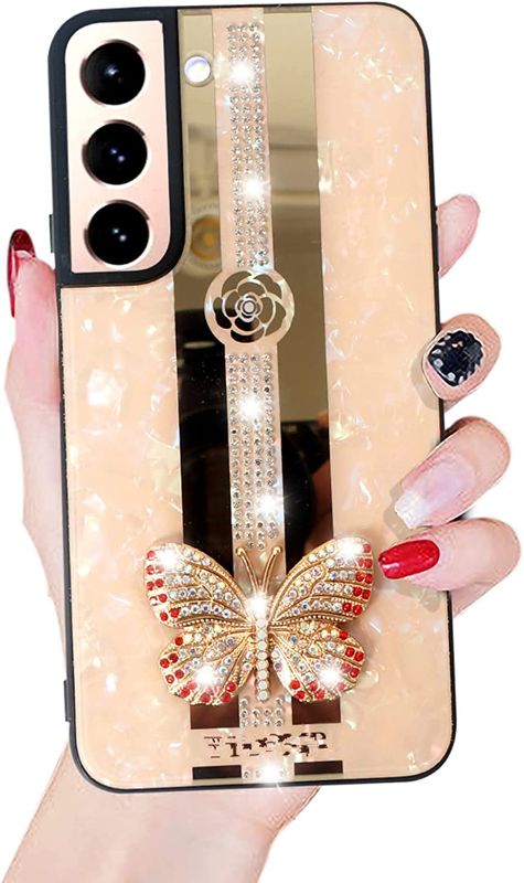 Photo 1 of for Samsung Galaxy S21 FE Case for Grils Women,Luxury Crystal Sparkle Pearl Hard Back Cute Bling Rhinestone Butterfly Design,Soft TPU Bumper Mirror Strip Phone Case Cover for Samsung S21 Fe 2022 Pink
