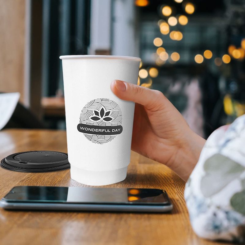 Photo 1 of [50 Count] Hot Beverage Disposable White Paper Coffee Cup with Black Lid, Coffee Double Paper Cups. Wonderful Day Cups. (12 oz)
