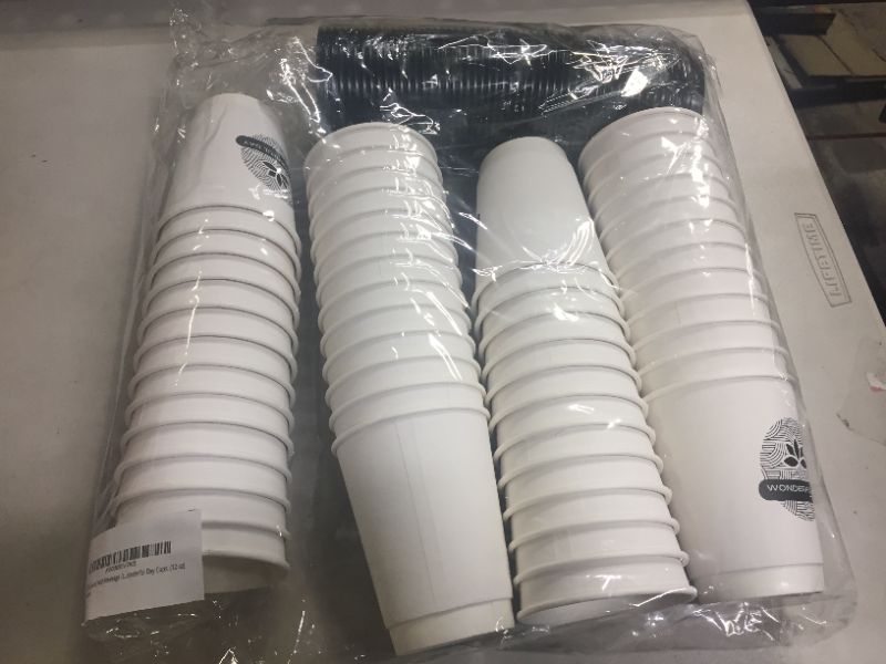 Photo 3 of [50 Count] Hot Beverage Disposable White Paper Coffee Cup with Black Lid, Coffee Double Paper Cups. Wonderful Day Cups. (12 oz)
