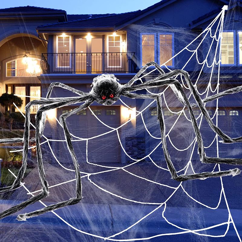 Photo 2 of 2 Pcs Halloween Spider Decorations, 59" Giant Spider 276" Triangular Spider Web, Huge Stretch Web and Ground Stakes for Indoor Outdoor Haunted House Garden Lawn Halloween Decor
