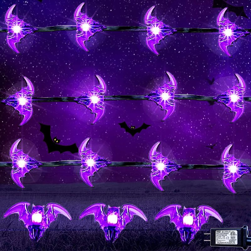 Photo 1 of 70 LED Halloween String Lights with Bats Plug in, 32Ft Purple Indoor Outdoor Halloween Light Decor, 8 Modes Twinkle Bats Lights for Party, House, Garden Halloween Decoration
