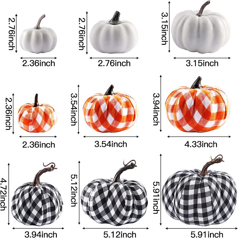 Photo 2 of 12pcs Artificial Pumpkins Decor Fake Decorative Pumpkins with Assorted Color and Size for Fall Outdoor Thanksgiving Halloween Table Decorations
