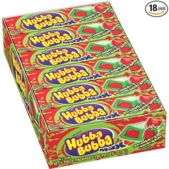 Photo 1 of (18 Pack) HUBBA BUBBA Max Bubble Gum Strawberry Watermelon Flavored Chewing Gum, 5 Piece BB 9/02/23
