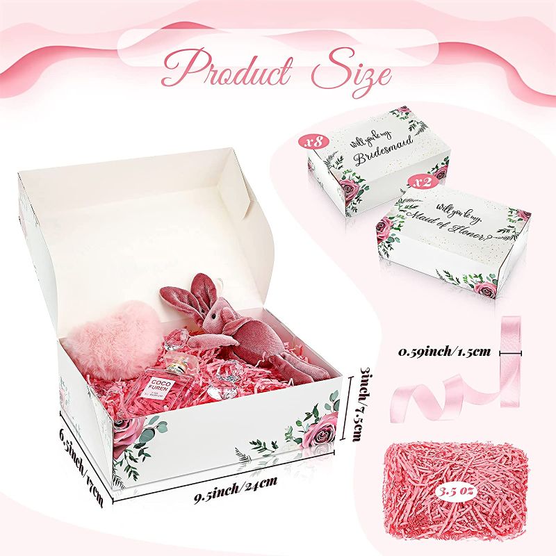 Photo 2 of 10 Pcs Bridesmaid Proposal Box with Pink Ribbon and Shredded Paper, 2 Maid of Honor Box and 8 Will You Be My Bridesmaid Boxes for Proposal, Floral Bridesmaid Present, Wedding Favor
