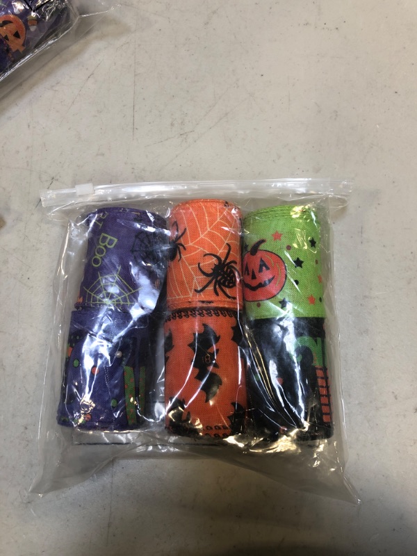 Photo 3 of 6 Rolls Halloween Wired Edge Ribbon for Wreaths 2.5 Inch x 30 Yards Bat Spider Web Pumpkin Print Grosgrain Ribbon Ghost Witch Hat and Leg Ribbon Halloween Party Decorative Ribbon Supplies, 6 Styles
