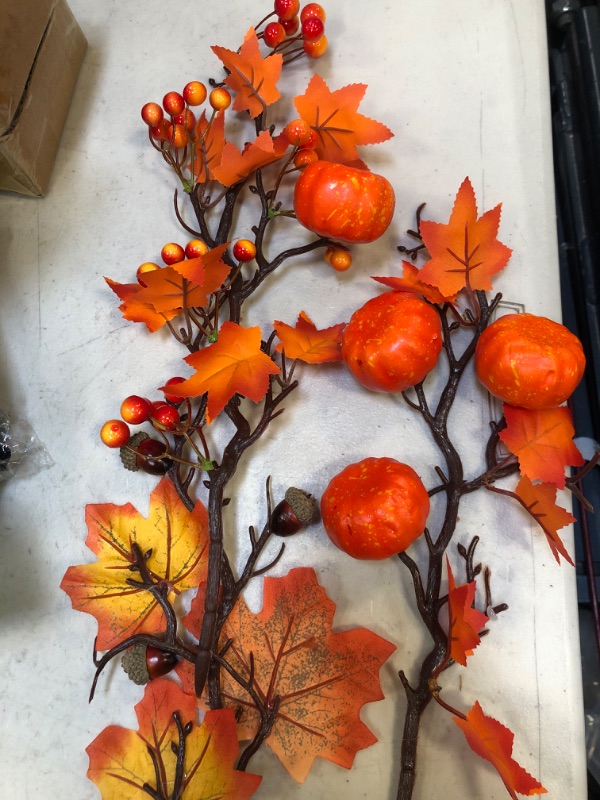 Photo 2 of 3P Thanksgiving Decorations Home Thanksgiving Table Flower Decor Fall Maple Leaves Branches with Pumpkins Decor & Acorn Berries Fall Picks for Fall Decoration Home Indoor Table Vase Decor(Orange Red)
