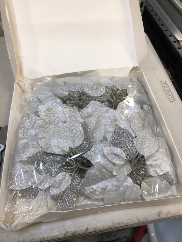 Photo 1 of 20 Set 8.7" Wide Christmas Silver Glitter Poinsettia Flowers Picks Christmas Tree Ornaments for White Silver Christmas Tree Wreaths Garland Holiday Seasonal Wedding Decor White Gift Box Included
