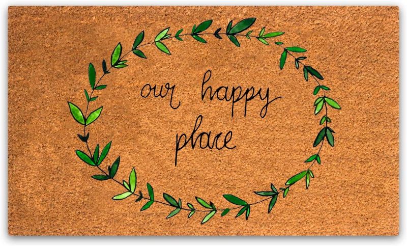 Photo 1 of PLUS Haven Coco Coir Home Entrance Door Mat – 17x30-in. Our Happy Place Welcome Mat - Heavy Duty Doormat for Outdoor & Indoor Use
