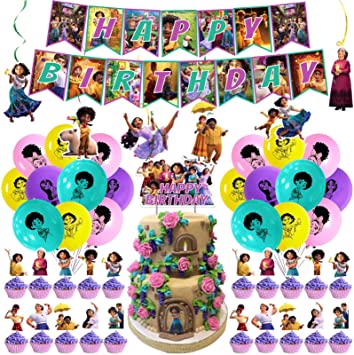 Photo 1 of Encanto Party Supplies Set  Include Happy Birthday Banner, Cake Topper, Hanging Swirls and Cupcake Toppers, Balloons, for Kids encanto Birthday party Decorations