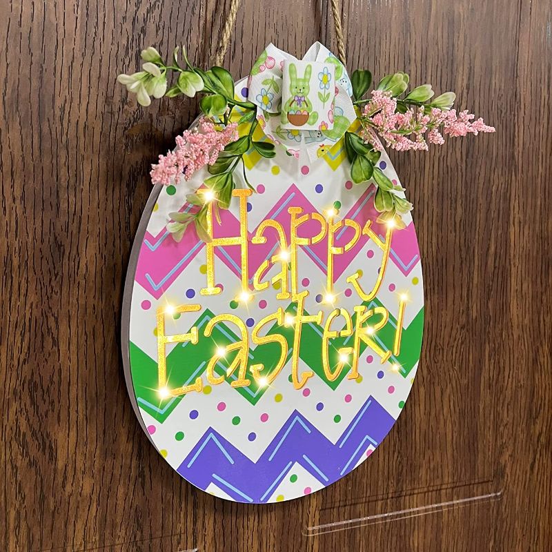 Photo 3 of 12" Lighted Happy Easter Decorations for Home, Easter Wreath Front Door Decor Easter Egg Door Sign with Timer Battery Operated Wooden Hanging Sign Spring Summer Easter Door Decor Home Outdoor Indoor