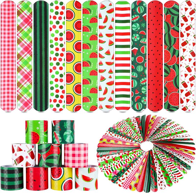 Photo 1 of 48PCS Watermelon Party Favors Slap Bracelets Set Party Wristband Hawaiian Summer Tropical Theme,Kids Adults Classroom Prize Exchanging Gifts Birthday Party Decorations Cool Summer Watermelon Party Supplies
