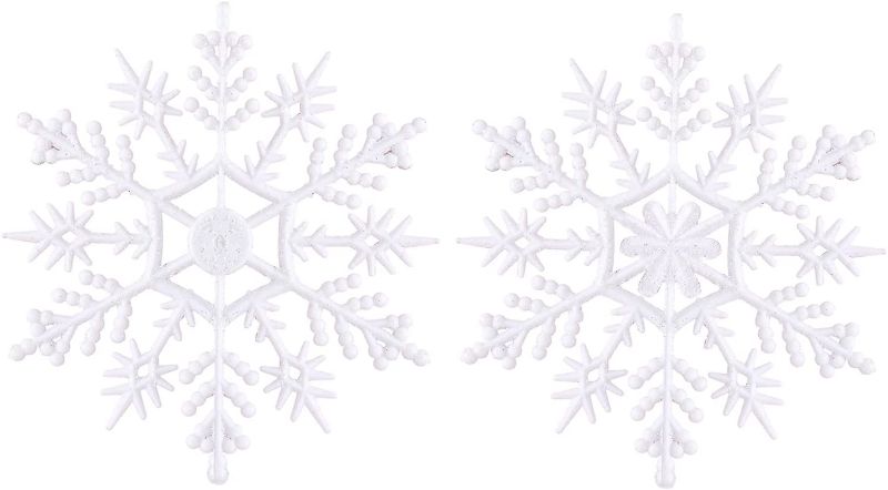 Photo 1 of 40 Pack White Glitter Snowflake Ornaments, Plastic Christmas Glitter Snowflake Winter Wonderland Christmas Tree Decorations, 4 Inch Outdoor Christmas Ornaments for Tree
