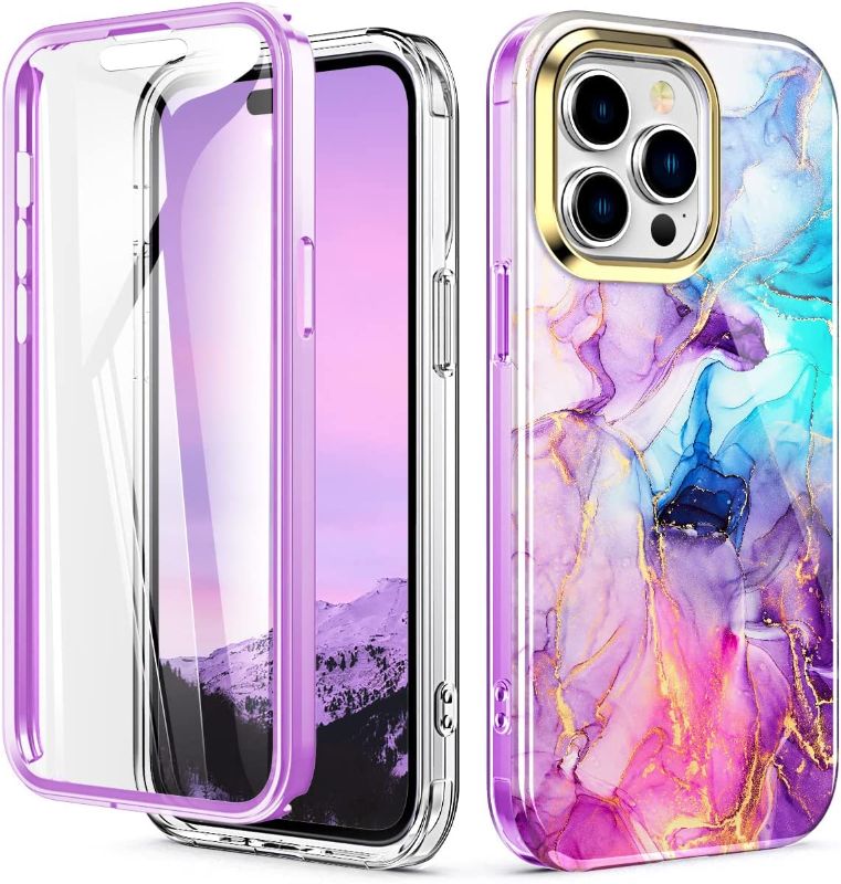 Photo 1 of Hocase for iPhone 14 Pro Max Case, (with Built-in Screen Protector) Shockproof Slim Soft TPU+Hard Plastic Full Body Protective Case for iPhone 14 Pro Max (6.7" Display) 2022 - Watercolor Marble
