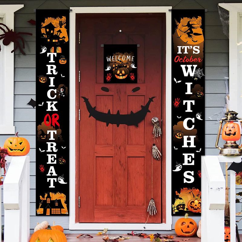 Photo 1 of YEHUARIS Halloween Decorations Outdoor Indoor,It's October Witches,Welcome Signs,Trick or Treat Front Door Porch Banner for Halloween Decor
2 pack 