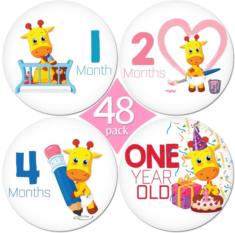 Photo 1 of 48 Pack of 4" Baby Monthly Stickers by KiddosArt. 1 Lilly The Giraffe Sticker Per Month of Your Baby's First Year Growth, Milestones and Holidays. Month Sticker for Boy or Girl
