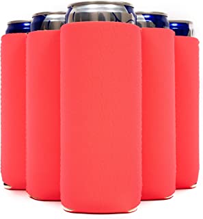 Photo 1 of QualityPerfection Slim Can Cooler Sleeves (6 Pack) Insulated, Beer/Energy Drink Neoprene 4mm Thickness, Thermocoolers for 12 oz Tall Skinny Beverage - Blank Design (Neon Pink, 6 Pack)
