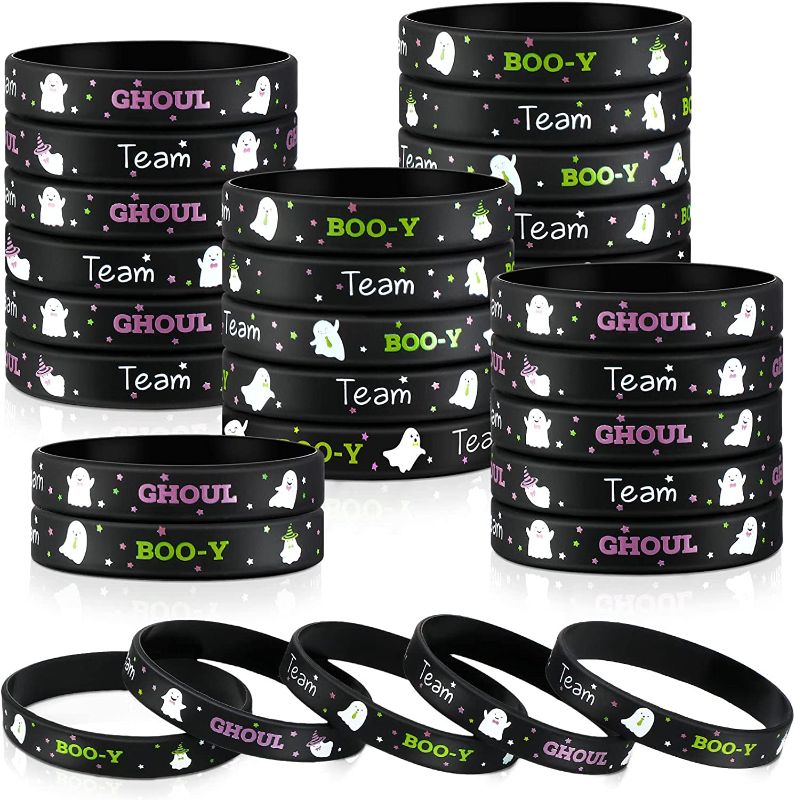 Photo 1 of 24 Pack Halloween Gender Reveal Bracelets Team Ghoul Boo Y Silicone Wristbands for Halloween Baby Shower Gender Reveal Party Favors Supplies, Purple and Green
