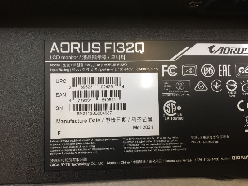 Photo 4 of AORUS FI32Q 32" 165Hz 1440p HBR3, NVIDIA G-SYNC Compatible, Exclusive Built-in ANC, -KVM, 2560x1440 Display, 1ms Response Time, HDR, 94% DCI-P3, 1x DisplayPort 1.4, 2x HDMI 2.0, 2x USB 3.0, 1x USB C
