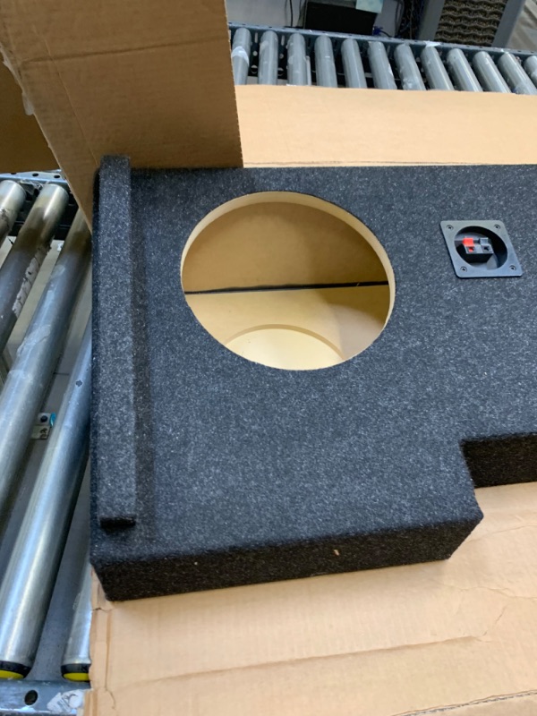 Photo 7 of Atrend Bbox A184-10CP Dual 10" Sealed Carpeted Subwoofer Enclosure - Fits 2007-2020 Chevrolet/GMC Silverado/Sierra Crew Cab, Charcoal, Box Packaging Damaged, Item is New, Damage to Corner of Wood as SHown in Pictures