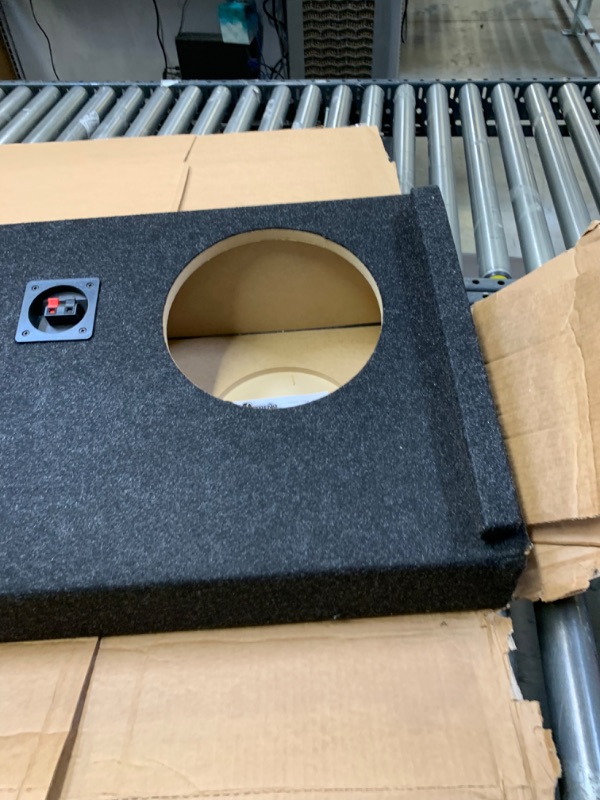 Photo 4 of Atrend Bbox A184-10CP Dual 10" Sealed Carpeted Subwoofer Enclosure - Fits 2007-2020 Chevrolet/GMC Silverado/Sierra Crew Cab, Charcoal, Box Packaging Damaged, Item is New, Damage to Corner of Wood as SHown in Pictures