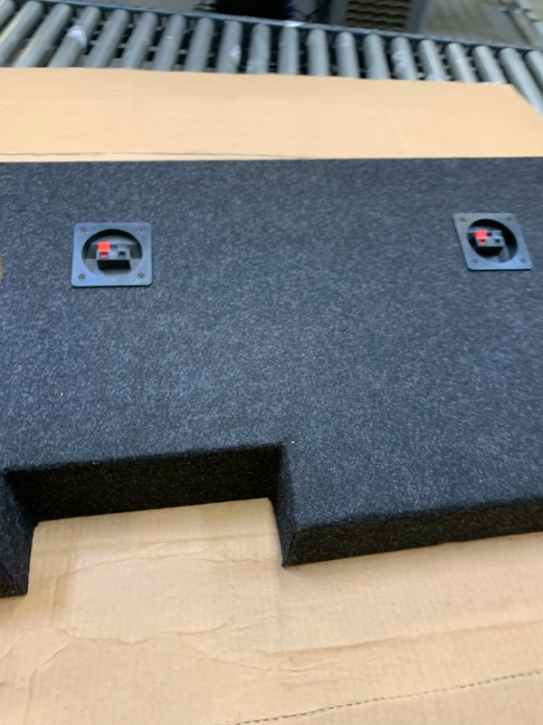 Photo 3 of Atrend Bbox A184-10CP Dual 10" Sealed Carpeted Subwoofer Enclosure - Fits 2007-2020 Chevrolet/GMC Silverado/Sierra Crew Cab, Charcoal, Box Packaging Damaged, Item is New, Damage to Corner of Wood as SHown in Pictures