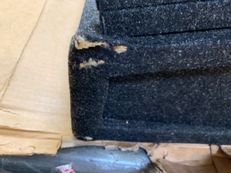 Photo 8 of Atrend Bbox A184-10CP Dual 10" Sealed Carpeted Subwoofer Enclosure - Fits 2007-2020 Chevrolet/GMC Silverado/Sierra Crew Cab, Charcoal, Box Packaging Damaged, Item is New, Damage to Corner of Wood as SHown in Pictures