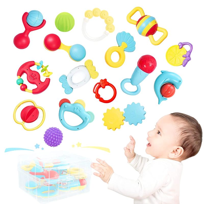 Photo 1 of Eners 16 Pcs Baby Rattle Teethings Toys, Grab and Spin Baby Rattles, Teethers for Babies 0-3-6-12 Months, Infant Shaker with Storage Box, Item is New, Item is Sealed

