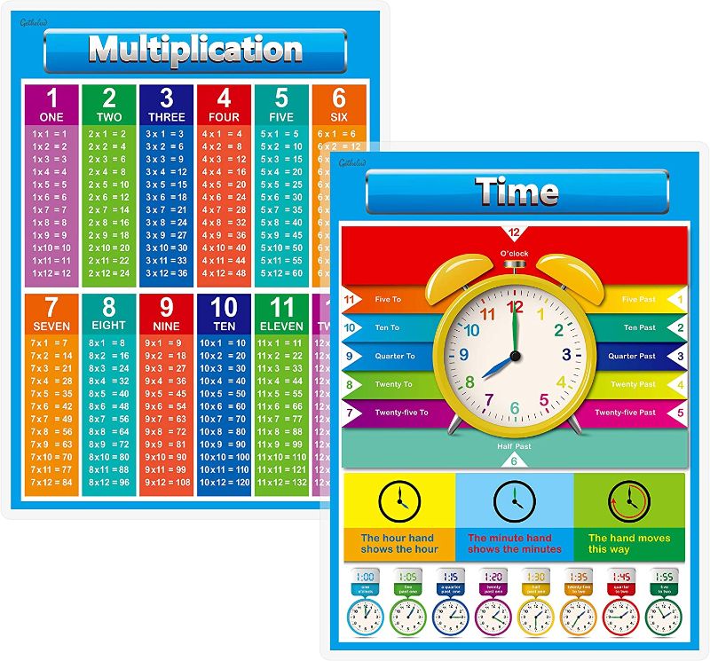 Photo 1 of 2 Pack Bundle - Multiplication Table and Time Telling Laminated Posters for Kids (17" x 23")
