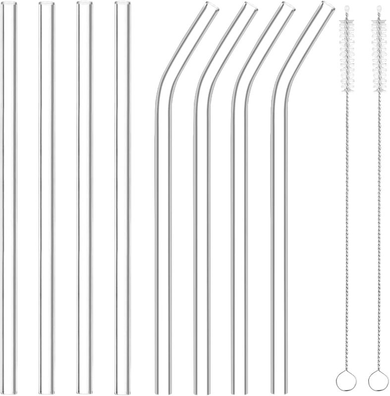 Photo 1 of 2 Box Bundle- Tronco Glass Straws Pack of 8 , 10.62 inch Long Reusable Clear Drinking Straws,4 Straight and 4 Bend Drinking straws with 2 Cleaning Brush
