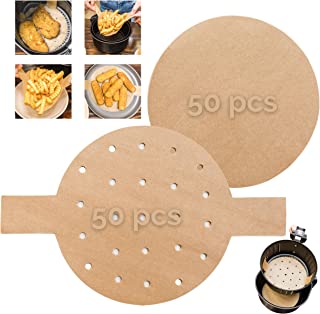 Photo 1 of 2 Box Bundle - Air Fryer Disposable Paper Liners Bundle, 6.5 Inch Air Fryer Liners Round, 50PCS Perforated with Handles & 50PCS Non-Perforated, Non-Stick Water & Grease Proof Air Fryer Parchment Paper
