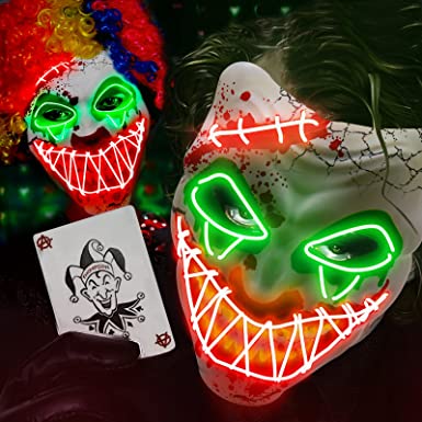 Photo 1 of 2 Pack Bundle - Halloween LED Clown Mask for Aldults & Kid,EL Wire Scary Purge Mask for Cosplay Costume Party,Light up for Halloween Party.
