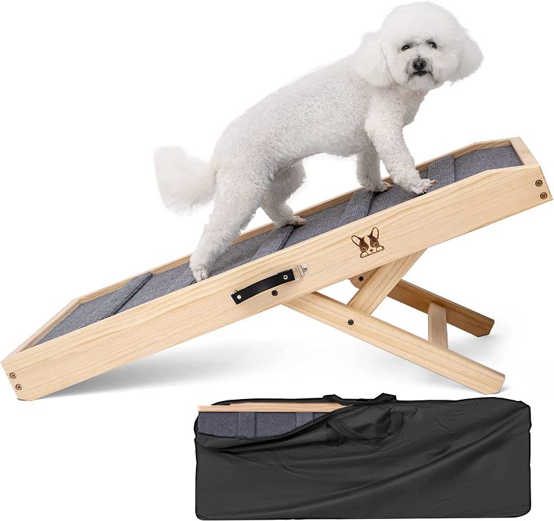 Photo 1 of 25'' Tall Adjustable Dog Pet Ramp Portable for All Dogs Cats & for Couch, Sofa, Bed & Car, Supports up to 220 lbs, Carrying Bag Included, 5 Level Height from 13''-25'', Non-Slip Paw-Friendly Carpet
