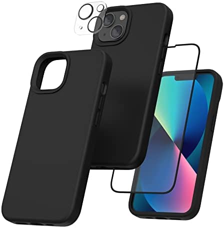 Photo 1 of POVRYE [3 in 1] Designed for iPhone 13 Case 6.1 Inch, with 1 Pack Screen Protector + 1 Pack Camera Lens Protector, Soft Liquid Silicone Ultra Slim Shockproof Cover Case [Anti-Scratch], Black
