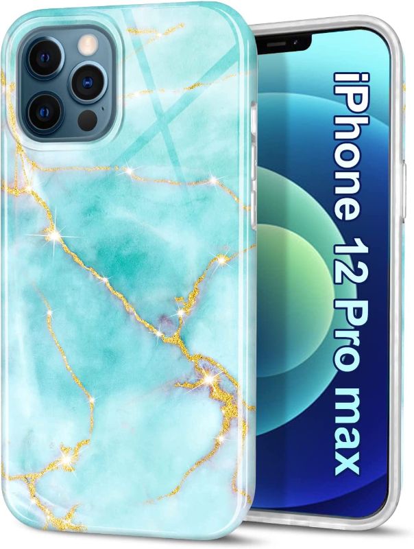 Photo 1 of CAOUME Compatible with iPhone 12 Pro Max Case 6.7" Light Green Marble Design Gold Sparkly Glitter Protective Stylish Slim Thin Cute Cases for Apple Phone 2020 Release, Soft TPU Silicone Bumper

