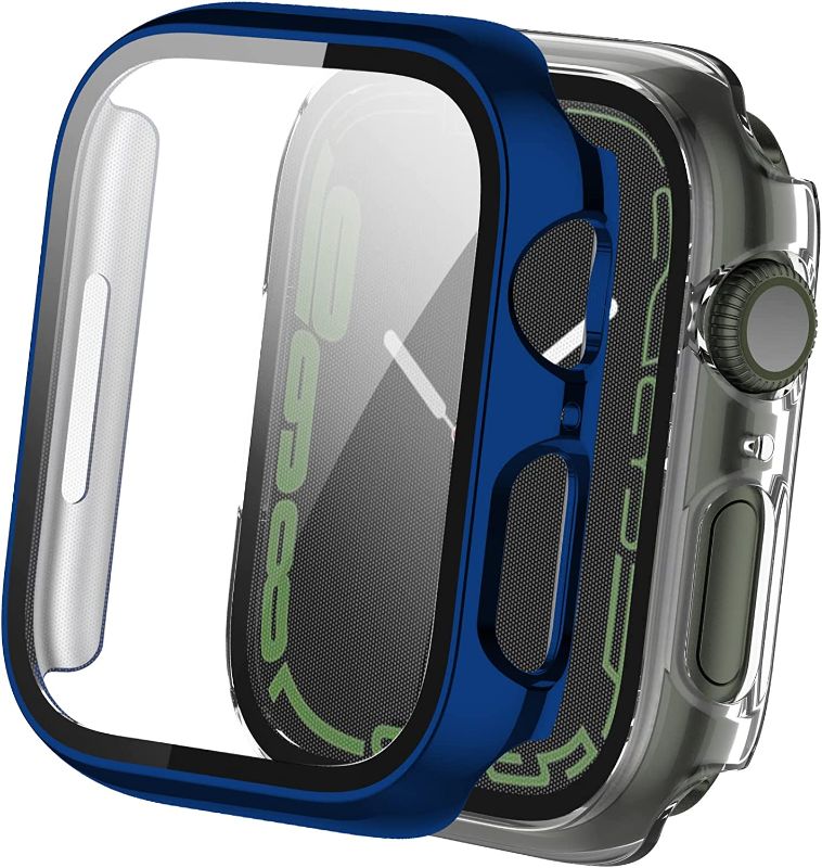 Photo 1 of 2Pack Hard Case Compatible with Apple Watch Cover Series 7 45mm 41mm with Tempered Glass Screen Protector Anti-Scratch Gorgeous Plating PC Shell for iwatch Accessories (45mm, Navy Blue+Clear)
