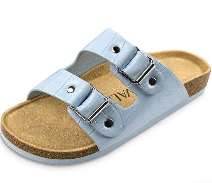 Photo 1 of Fitvalen Double Strap Slip-on Cork Footbed Flat Buckle Sandals for Women Light Blue
