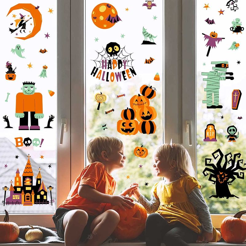 Photo 1 of 3 PACKS Halloween Window Clings Decorations Indoor, Cartoon Style Window Decals for Glass Windows, Cute Pumpkin Black Cat Witch Castle Halloween Decor for Kids Home Office, Double-Side Printed, 6 Sheets
