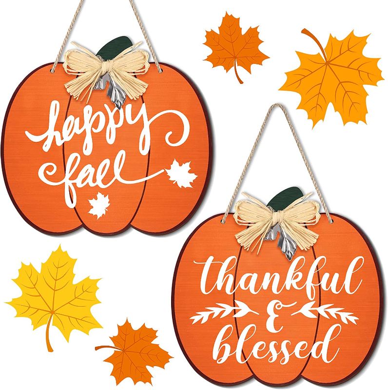 Photo 1 of 2 Pieces Thanksgiving Wood Pumpkin Sign Pumpkin Shape Welcome Sign with Leaves, Straw and Rope Wooden Fall Door Hanger Pumpkin Autumn Wood Ornament for Thanksgiving Home Wall Decor (Classic Style)
