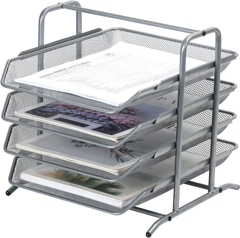 Photo 1 of PAG Letter Tray Metal Desktop File Organizer Mail Sorter with 4 Sliding Trays for Office, Silver
