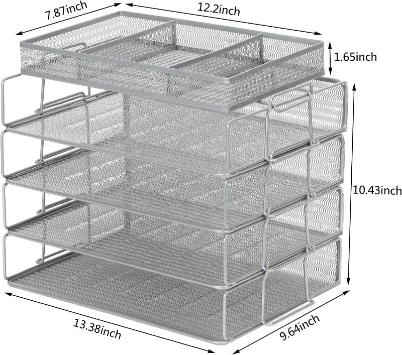 Photo 2 of PAG Letter Tray for Desk Stackable Mesh File Organizer Pencil Holder for Home Office, 5 Tier, Silver
