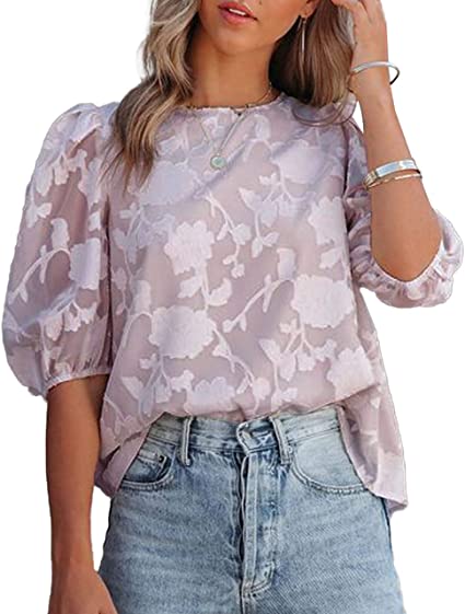 Photo 1 of Alvnpin Women Elegant Floral Textured Blouses Round Neck Half Sleeves Tops Shirts SIZE XXL 