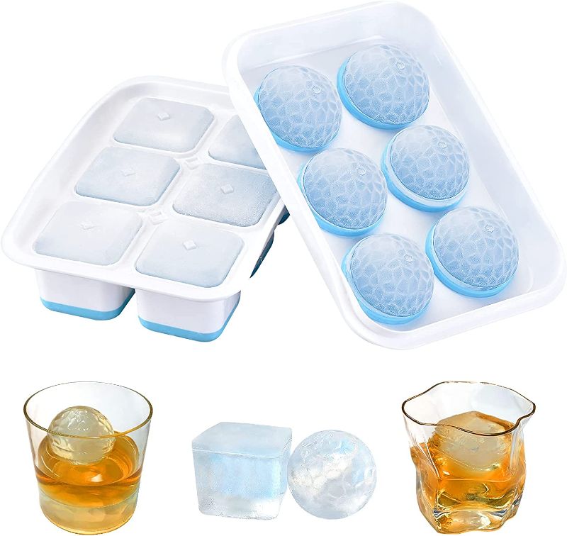 Photo 1 of DOQAUS Large Ice Cube Trays Set of 2, ?Easy to Fill without Funnel?2.2 inches Ice Ball Maker with Lids & Sphere Ice Trays Combo, Easy-Release Silicone Round Ice Tray for Chilling Whiskey Cocktail