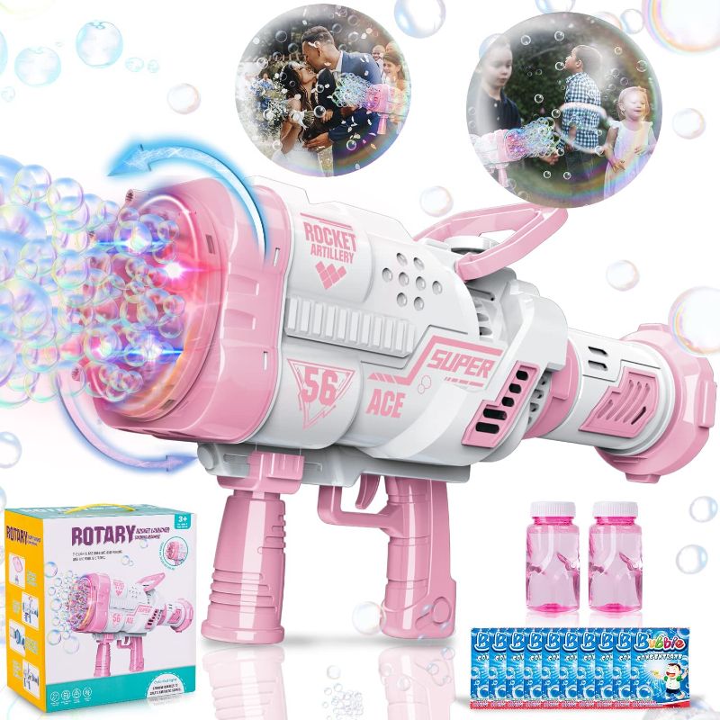 Photo 1 of Bubble Machine Gun, 56-Hole Rotate Rocket Bazooka Bubble Blower Gun with Colorful Lights, Giant Foam Maker Guns for TIK Tok Kids Adults Outdoor Birthday Party Wedding Summer Toy(Pink) --FACTORY SEALED --
