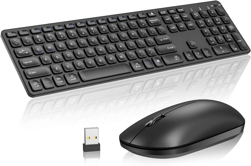 Photo 1 of Wireless Keyboard and Mouse Combo, CHESONA 2.4GHz Silent Slim Compact Full Size Low Profile Keyboard and Mouse Set with Numeric Keypad for Windows, Laptop, Notebook, PC, Desktop, Computer, Black  --FACTORY SEALED --
