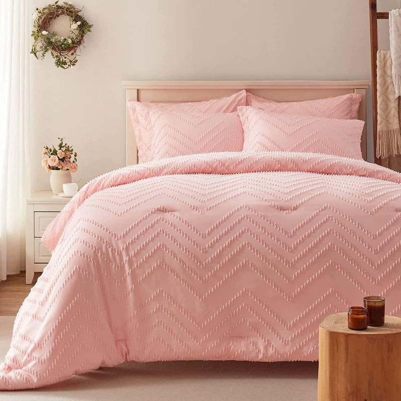 Photo 1 of Anluoer King Comforter Set -Pintuck Lightweight Down Alternative Bed Comforter with 2 Pillow Shams, Boho Microfiber King Size Bedding Comforter Sets All Season (Pink,102x90 inches, 3 Pieces)
