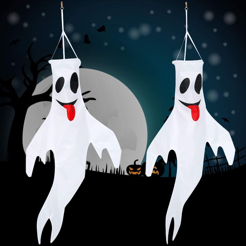 Photo 1 of 2 Piece Halloween Ghost Windsocks Halloween Flag Ghost Sign 43 Inch Spooky Cute Outdoor Flags Front Yard Patio Lawn Garden Party Hanging Tree Decoration for Halloween Supplies
