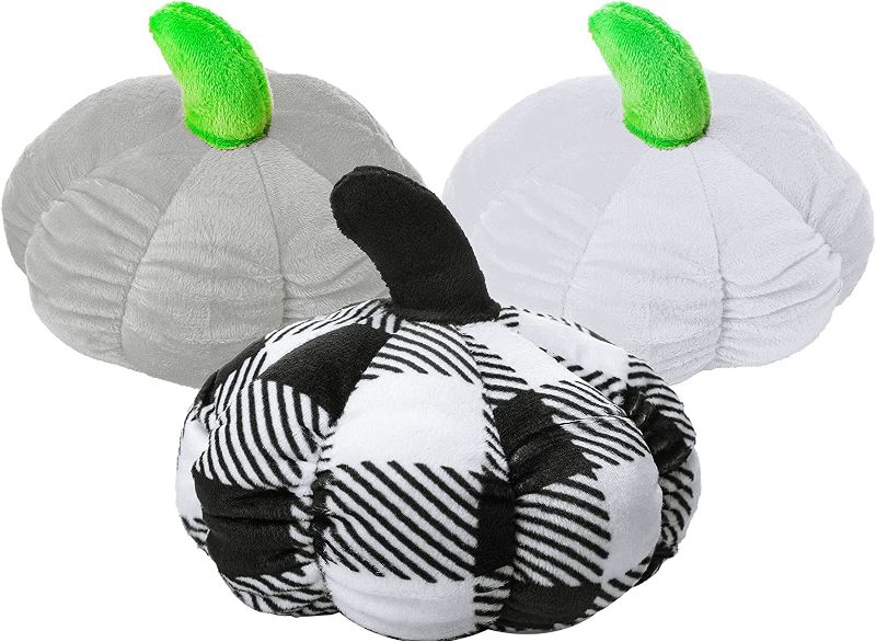 Photo 1 of 3 Pieces Plush Pumpkin Toy Stuffed Pumpkin Pillow Soft Thanksgiving Halloween Pumpkin Decorative Sofa Cushion Small Pumpkin Toys 6.3 Inch for Home Decoration Party Favors (White, Grey, Black-White)
